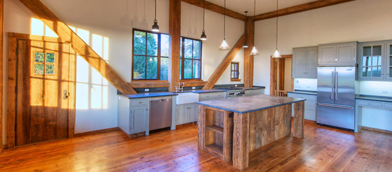 The modern kitchen in a restored Civil War barn